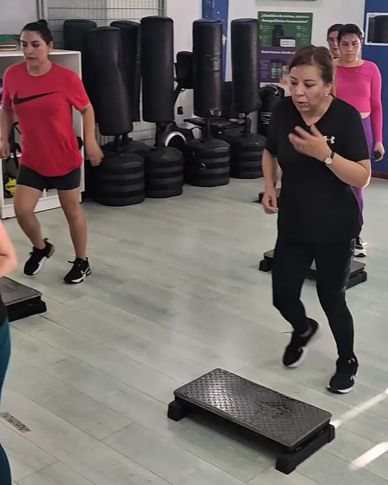 Clase de Step: las socias suben y bajan de la plataforma al ritmo de la música.
