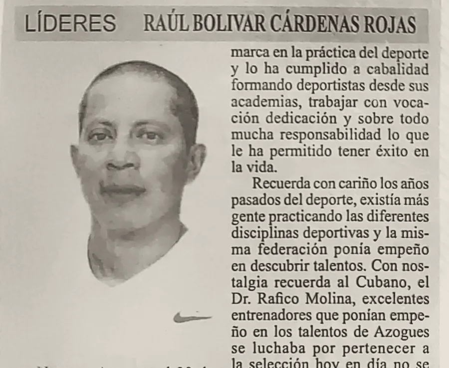 Recorte de prensa de la sección «Líderes», con el retrato de Raúl Bolívar Cárdenas Rojas.