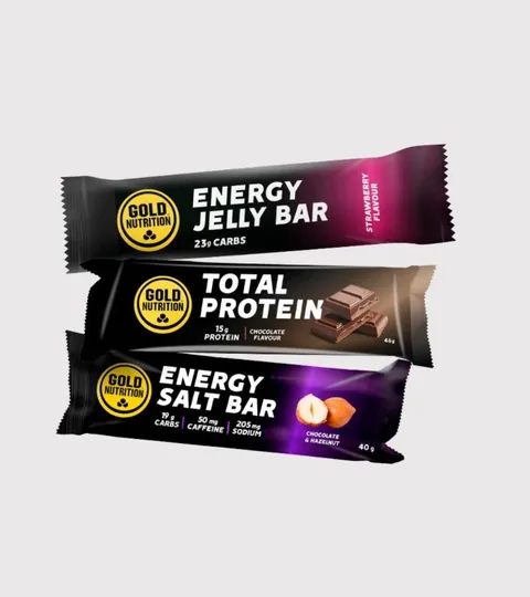 Tres barritas de Gold Nutrition: Energy Jelly, Total Protein y Energy Salt.
