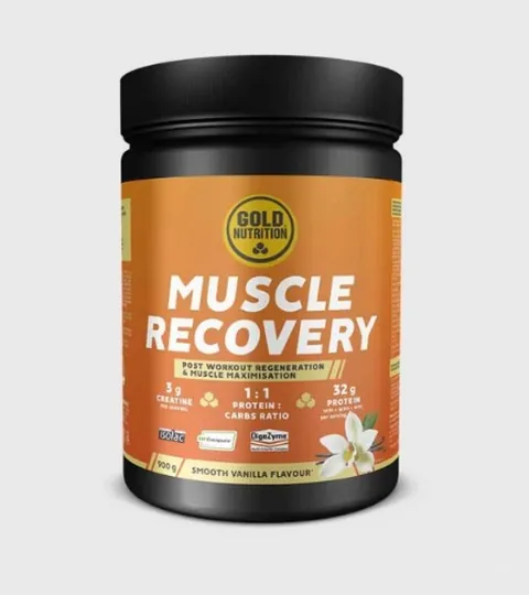 Bote de Muscle Recovery de Gold Nutrition, sabor vainilla.
