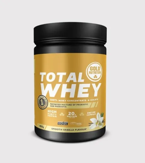 Bote de Total Whey de Gold Nutrition, sabor vainilla.